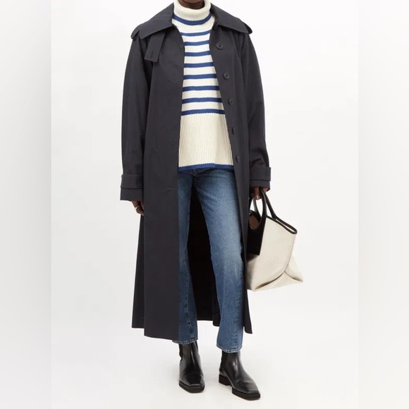 Toteme Signature Stripe Turtleneck Wool Cotton Oversized Knit Sweater Top Blue - Picture 10 of 12